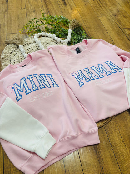 Mama & Mini Embroidered crewnecks (pink with white sleeves)