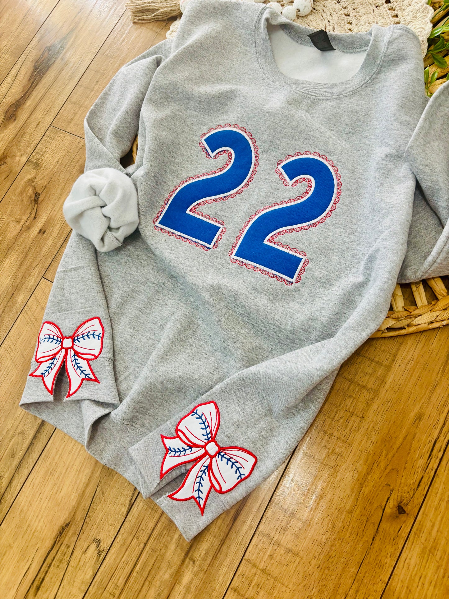 Baseball Number Embroidered Crewneck - Side Cut outs