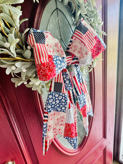 Front Door Bow - Vintage Thrifted throw, reversible to 4th of July!