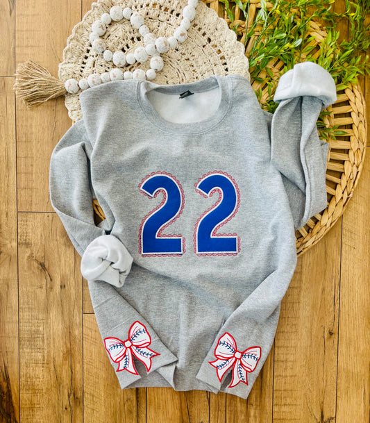 Baseball Number Embroidered Crewneck - Side Cut outs