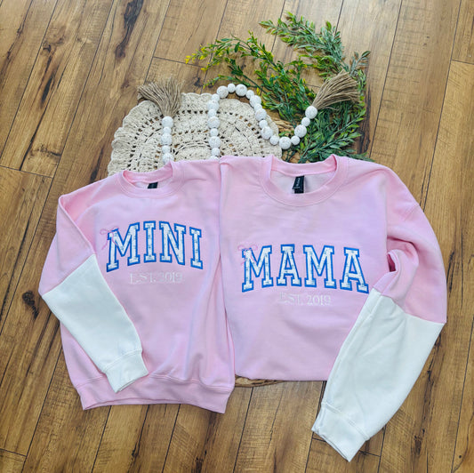 Mama & Mini Embroidered crewnecks (pink with white sleeves)
