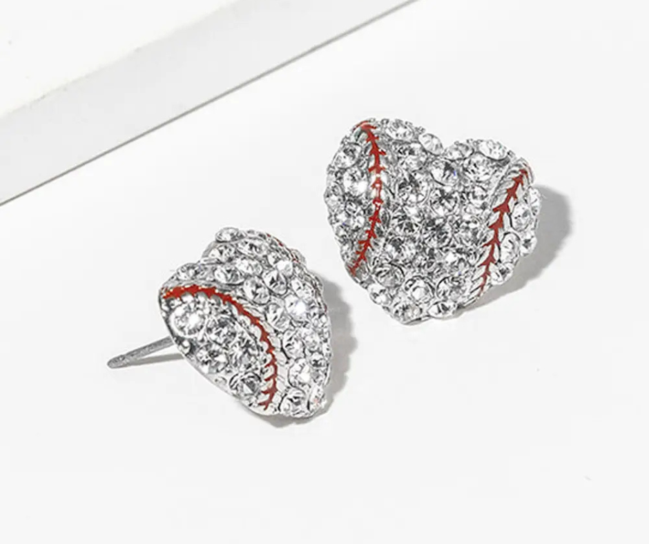 Baseball Crystal Pave Heart Shape Stud Earrings